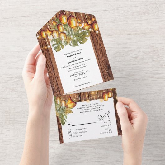 Invitation Tout En Un Boho bois feuille lanternes ciel bohème élégant (Déchirure)