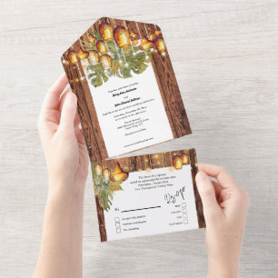 Invitation Tout En Un Boho bois feuille lanternes ciel bohème élégant