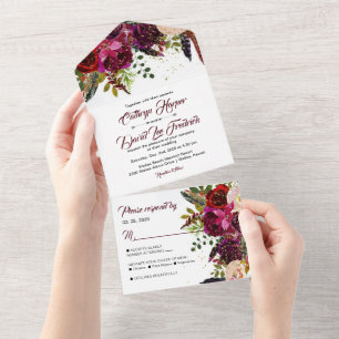 Invitation Tout En Un Boho Bold Bourgogne & Gold Floral Mariage