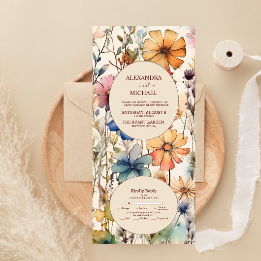 Invitation Tout En Un Boho Botanique Aquarelle Fleur sauvage Mariage