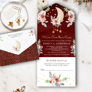 Invitation Tout En Un Boho Bourgogne Fleurs Étoiles Lune Marron Baby Sho
