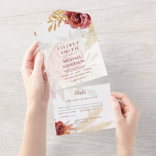 Invitation Tout En Un BOHO Bourgogne Rose Pampas Mariage (Déchirure)