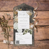 Invitation Tout En Un Boho Charbon noir Floral Grass QR Code