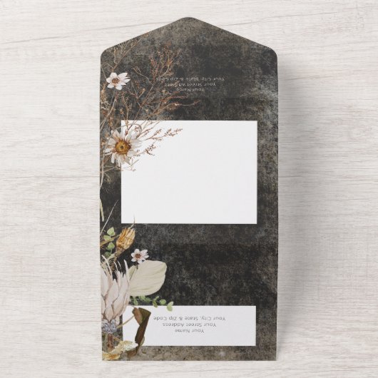 Invitation Tout En Un Boho Charbon noir Floral Grass QR Code (Dehors)