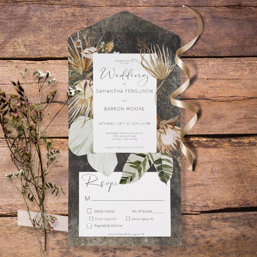 Invitation Tout En Un Boho Charbon Noir Floral Herbe Dîner