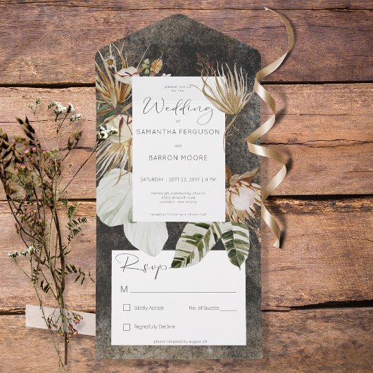 Invitation Tout En Un Boho Charcoal Black Floral Grass No
