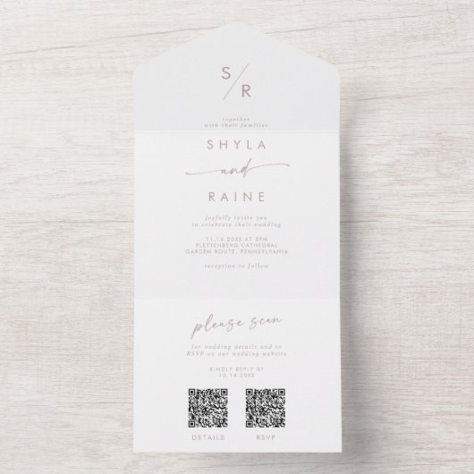 Invitation Tout En Un Boho Chic Blush Pink double code QR Mariage (À l'intérieur)