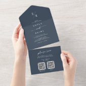 Invitation Tout En Un Boho Chic Dark Navy Bleu double code QR Mariage (Déchirure)