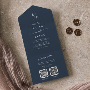 Invitation Tout En Un Boho Chic Dark Navy Bleu double code QR Mariage