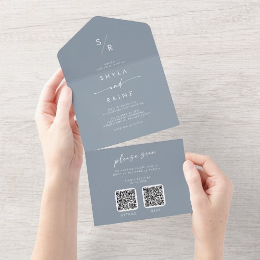 Invitation Tout En Un Boho Chic Dusty Blue Dual QR Code Mariage (Déchirure)