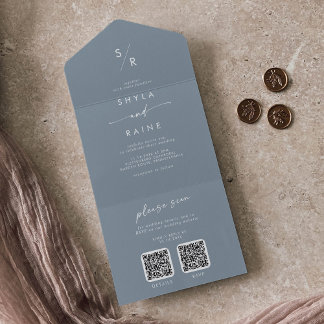 Invitation Tout En Un Boho Chic Dusty Blue Dual QR Code Mariage