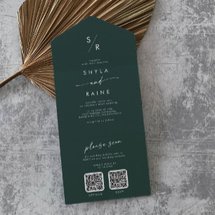 Invitation Tout En Un Boho Chic Emerald Vert double code QR Mariage