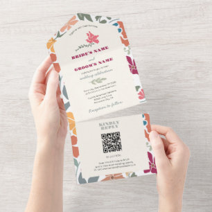 Invitation Tout En Un Boho Chic Floral Mariage Rétro Milieu de Siècle