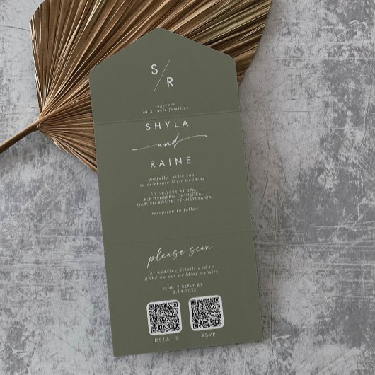 Invitation Tout En Un Boho Chic Olive Vert double code QR Mariage
