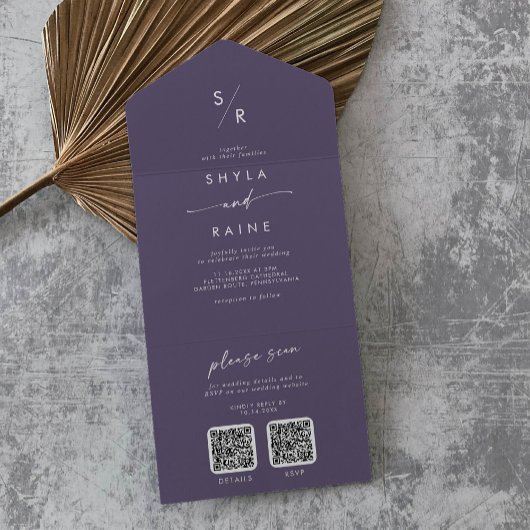 Invitation Tout En Un Boho Chic Plum Purple Double Code QR Mariage
