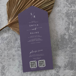 Invitation Tout En Un Boho Chic Plum Purple Double Code QR Mariage