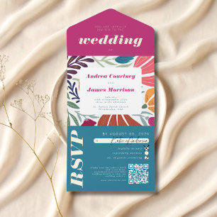 Invitation Tout En Un Boho Chic Retro Bright Floral Coloral Mariage