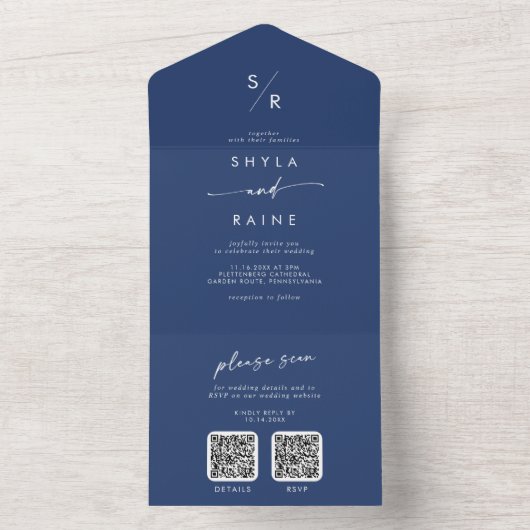 Invitation Tout En Un Boho Chic Royal Bleu Double Code QR Mariage (À l'intérieur)