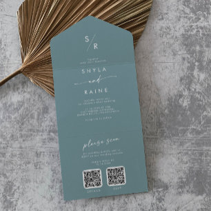 Invitation Tout En Un Boho Chic Seafoam Turquoise double code QR Mariage