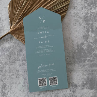 Invitation Tout En Un Boho Chic Seafoam Turquoise double code QR Mariage