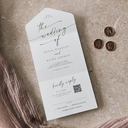 Invitation Tout En Un Boho Chic vert et blanc QR Code Courrier en Mariag