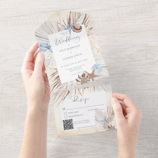 Invitation Tout En Un Boho Cream Beach Code QR rustique (Déchirure)