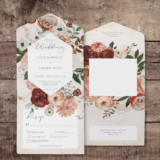 Invitation Tout En Un Boho Cream Bourgogne Fall Floral Dîner