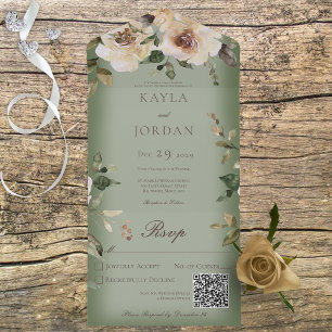 Invitation Tout En Un Boho Cream Roses Sage Green QR Code