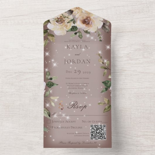 Invitation Tout En Un Boho Cream Roses Sparkle Brown QR Code (À l'intérieur)