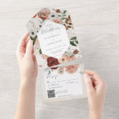 Invitation Tout En Un Boho Crème Bourgogne Automne Floral QR Code (Déchirure)