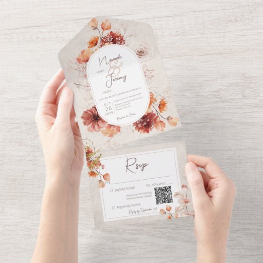 Invitation Tout En Un Boho Crème désossée Automne Floral QR Code (Déchirure)