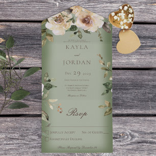 Invitation Tout En Un Boho Crème Roses Sage Green Pas de dîner