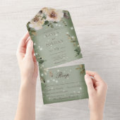 Invitation Tout En Un Boho Crème Roses Sparkle Sage Green Diner (Déchirure)
