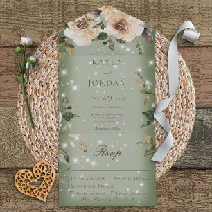 Invitation Tout En Un Boho Crème Roses Sparkle Sage Green Diner