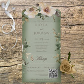 Invitation Tout En Un Boho Crème Roses Vert Sauge Code QR