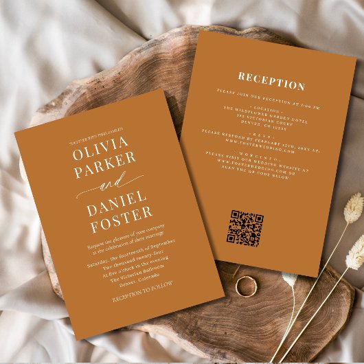 Invitation Tout en un Boho Cuivre Bronze QR Code Mariage