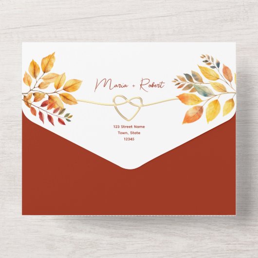 Invitation Tout En Un Boho de automne Mariage orange Bourgogne (Verso)