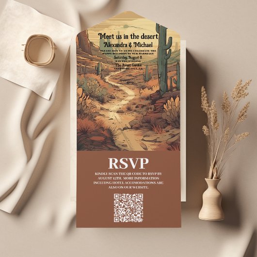 Invitation Tout En Un Boho Desert Cactus Code QR Mariage illustré