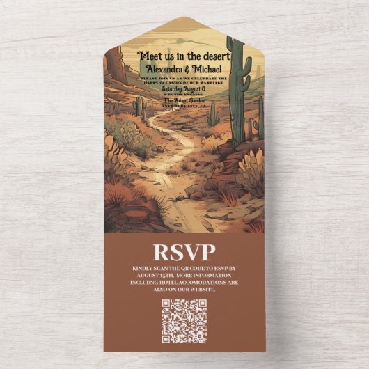 Invitation Tout En Un Boho Desert Cactus Code QR Mariage illustré (À l'intérieur)