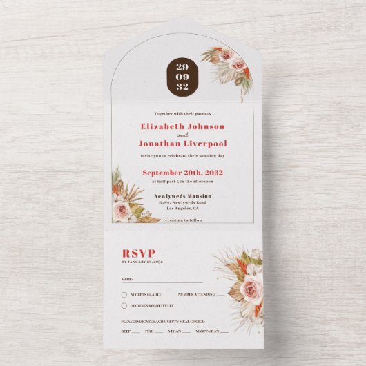 Invitation Tout En Un Boho désert cadre à arc fleuri tons terre (À l'intérieur)