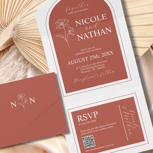 Invitation Tout En Un Boho Design Terracotta Rust Earth Tone | Code QR