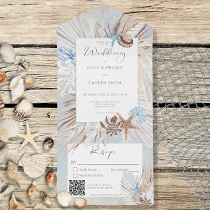 Invitation Tout En Un Boho Dusty Blue Beach Code QR rustique