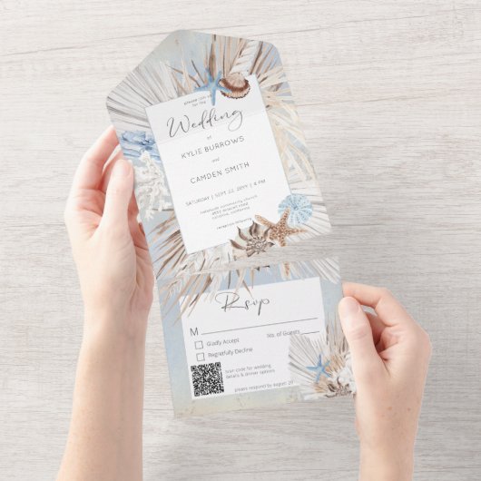 Invitation Tout En Un Boho Dusty Blue Beach Code QR rustique (Déchirure)