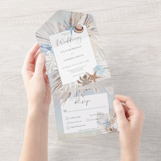 Invitation Tout En Un Boho Dusty Blue Beach Dîner rustique (Déchirure)