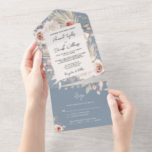 Invitation Tout En Un Boho Dusty Blue Rustic Floral avec Mariage RSVP