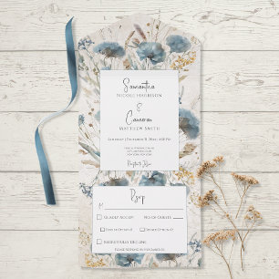 Invitation Tout En Un Boho Dusty Blue & Tan Floral Monogram Diner
