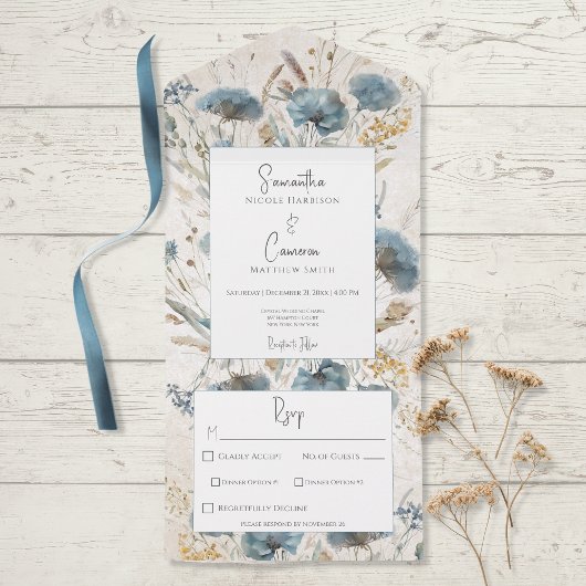 Invitation Tout En Un Boho Dusty Blue & Tan Floral Monogram Diner