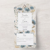 Invitation Tout En Un Boho Dusty Blue & Tan Floral Monogramme Pas de dîn (À l'intérieur)