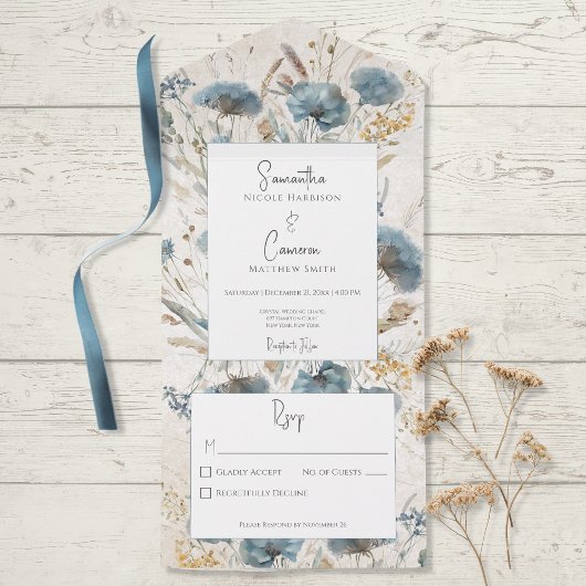 Invitation Tout En Un Boho Dusty Blue & Tan Floral Monogramme Pas de dîn