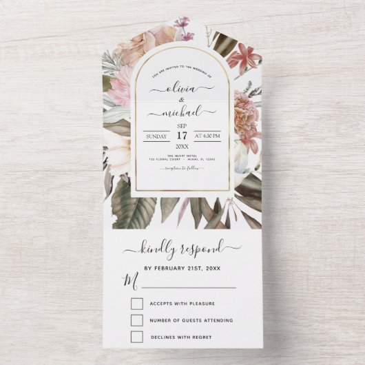 Invitation Tout En Un Boho Dusty rose Bourgogne Mariage automne (À l'intérieur)
